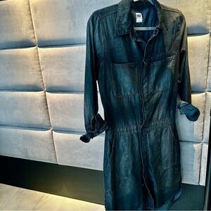 NSF women's black slightly distressed long sleeve button down shirt dress